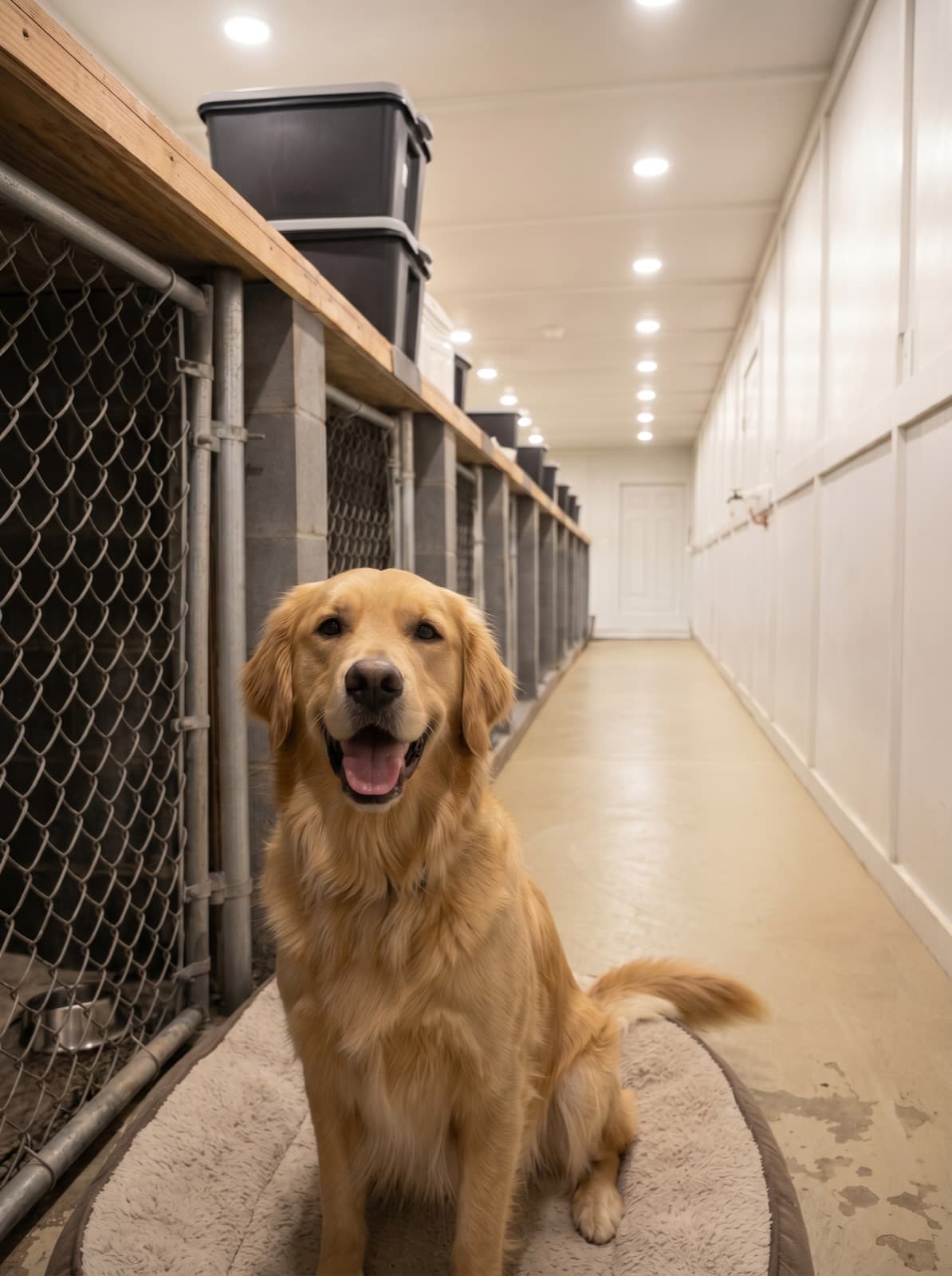 A happy golden retriever sitting in the clean RH Boarding Co. facility