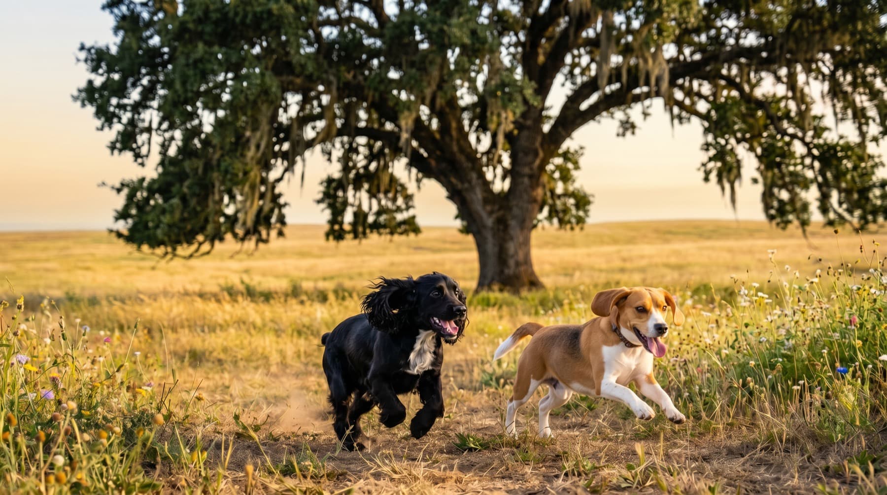 Two dogs running and playing outdoors in an open field